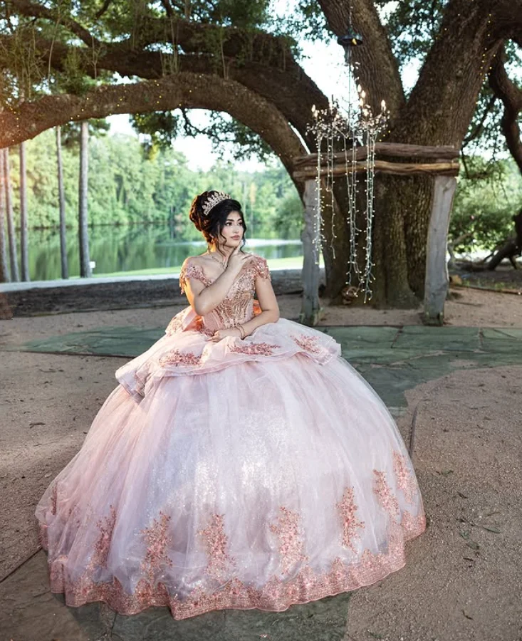 Rose Pink Charro Princess Quinceanera Dresses Ruffles Gillter Applique Lace-up Corset vestidos de 15 años quinceañera Customsize