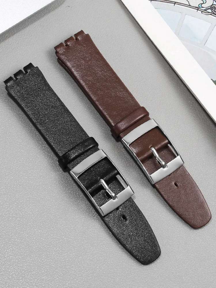 Correa de reloj de cuero genuino para hombre y mujer, pulsera de cuero vacuno suave, 16mm, 17mm, para Swatch SS07S101 SS07S104, accesorios de repuesto