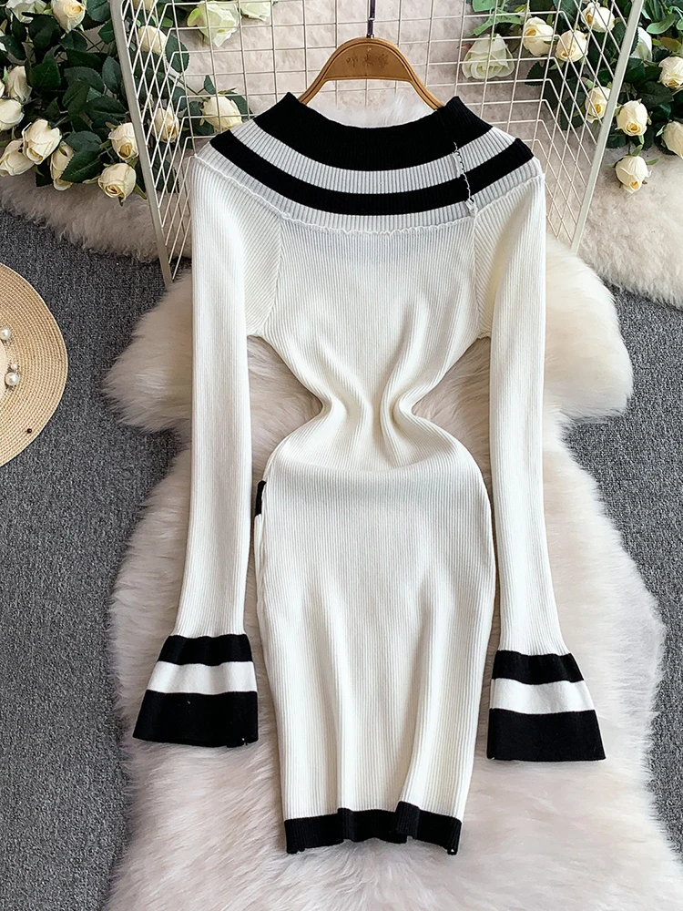 Vrouwen Jurken Color Blocking Uitlopende Mouw Schimmel Side Slash Hals Herfst Winter Parel Knop Slim Fit Tube Mini Vestidos DS233