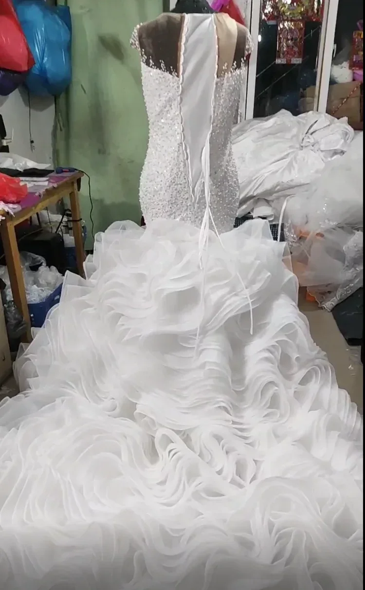 Customized Full Sequins Pearls Mermaid Wedding Dresses for Bride 2024 Cap Sleeves Real Cascading Ruffles  Bridal Gowns