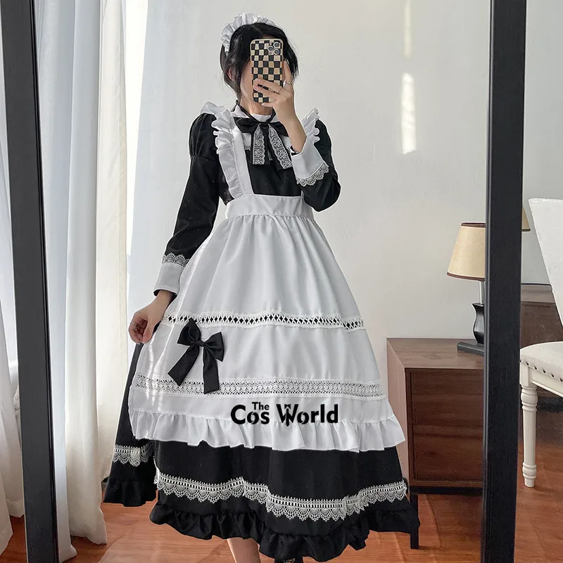 S-5XL Japanese Lolita Long Sleeve Apron Housekeeper Maidservant Maid Restaurant Dress Uniform Outfits Anime Cosplay Costume