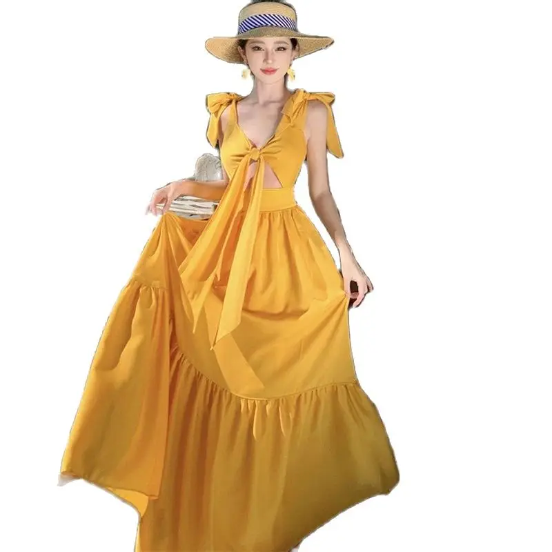 Sexy Fashion Bohemia Yellow Long Dresses For Women 2024 New Summer Beach Vacation Sleeveless Bandage Slim Big Swing Dress Female