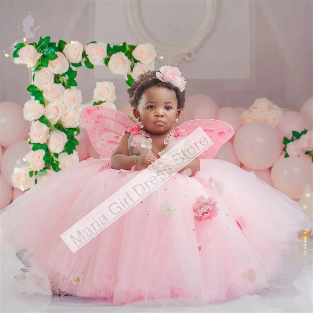 Pink Party Dresses For Girls V-Neck Fluffy Cute 3D Decals For Birthday Ball First Communion Wedding Photography