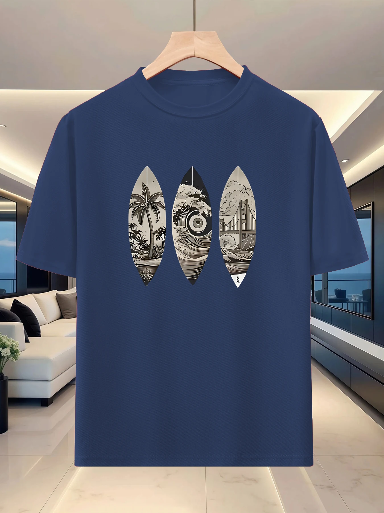 Artistic texture men's off shoulder round neck half sleeve travel niche pattern printed casual silhouette T-shirt
