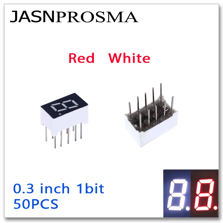 

JASNPROSMA 50PCS 0.3 inch 7 Segment 1 bit digit Tube red white Common Cathode Anode LED Display 0.3" 0.3inch 1bit one