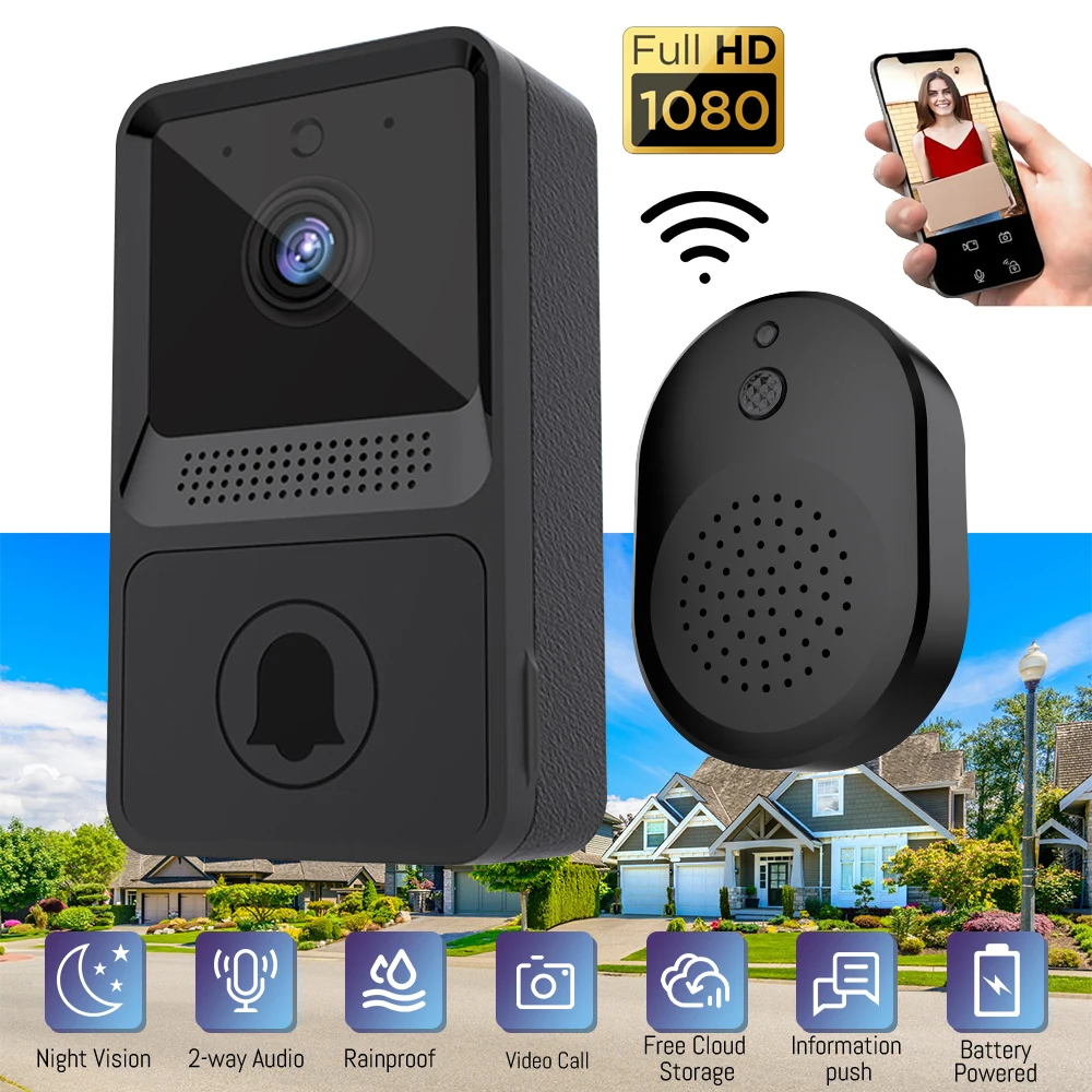 

Wireless Doorbell IP65 Waterproof Smart Home Welcome Door Bell Range Intelligent 2-way Audio Night Vision Battery Home Security