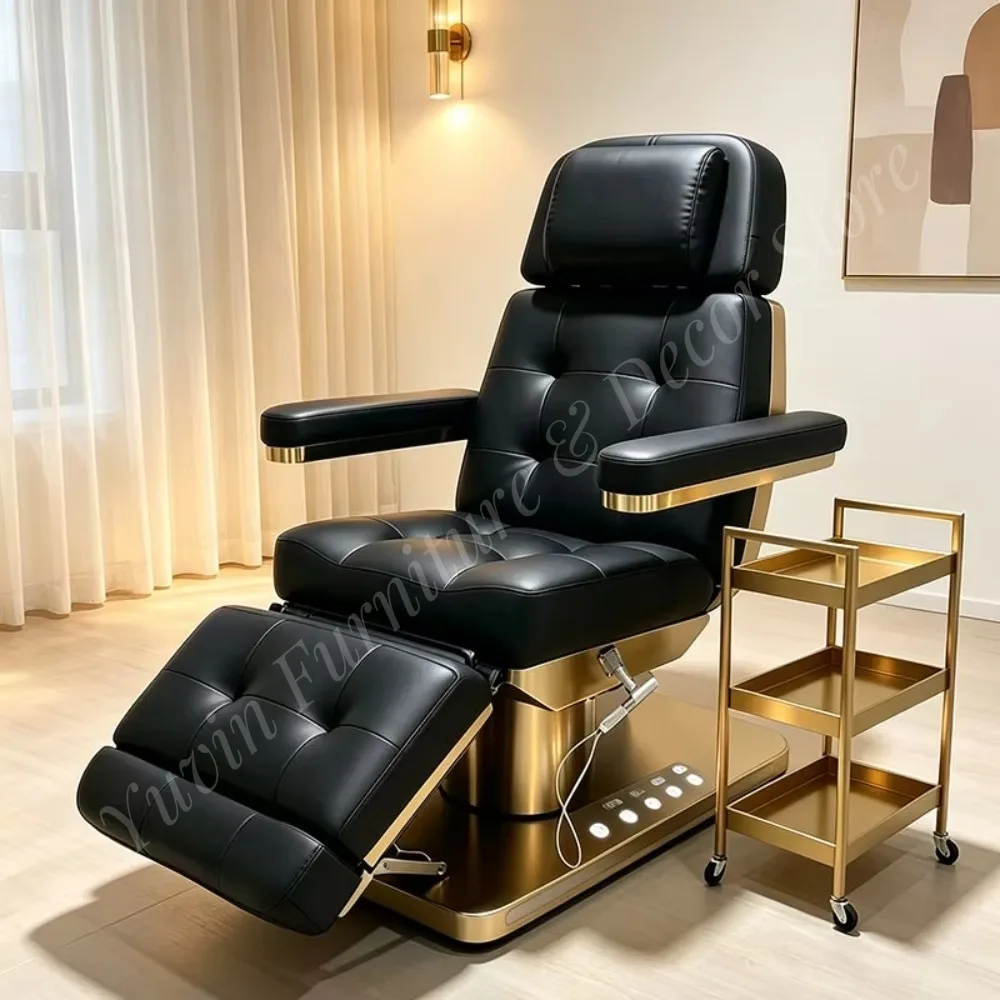Luxury Black Gold Electric Facial Chair Reclining Beauty Salon Treatment Chair PU Leather Adjustable Cosmetic Spa Chair