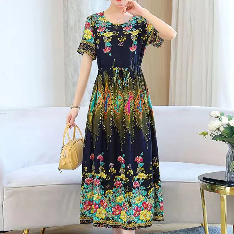 Bohemian Vintage Print Floral Midi Dresses Women Clothing Pockets O-Neck Draw String Waist Short Sleeve Elegant Dress Summer New