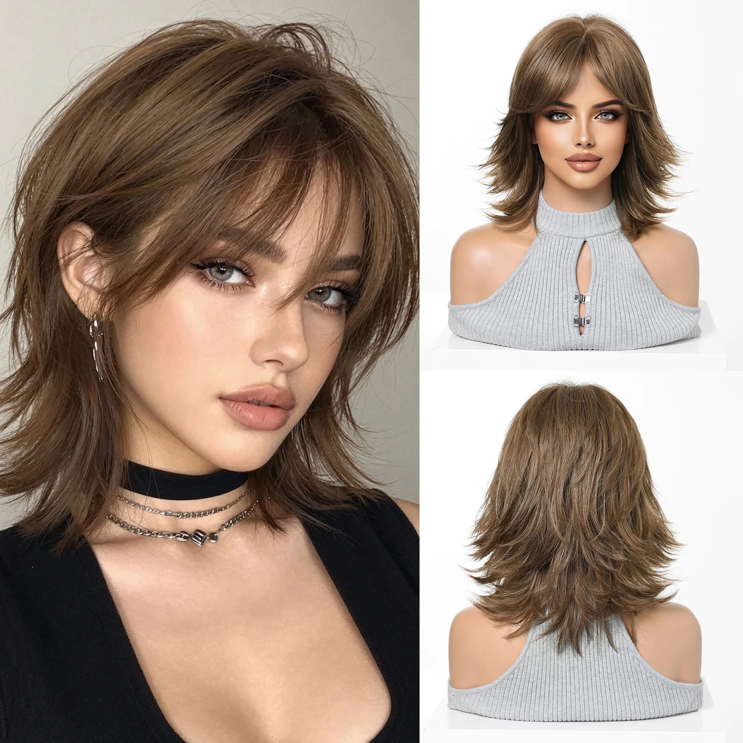Short Wolftail Synthetic Wig With Bangs For Women 12 Inches Highlights Brown Black Ash Blonde Blue Purple White Cosplay Wig