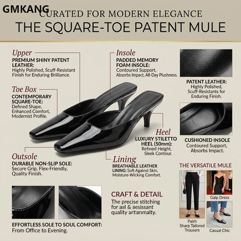 Women’s Square Toe Patent Leather Low Heel Mules Slip On Chunky Heel Pumps Comfortable Office Work Shoes Casual Daily Wear