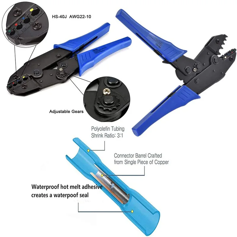 Crimping Plier Ratcheting Wire Crimper for Heat Shrink Connectors with 200pcs Heat Shrink Butt Connectors