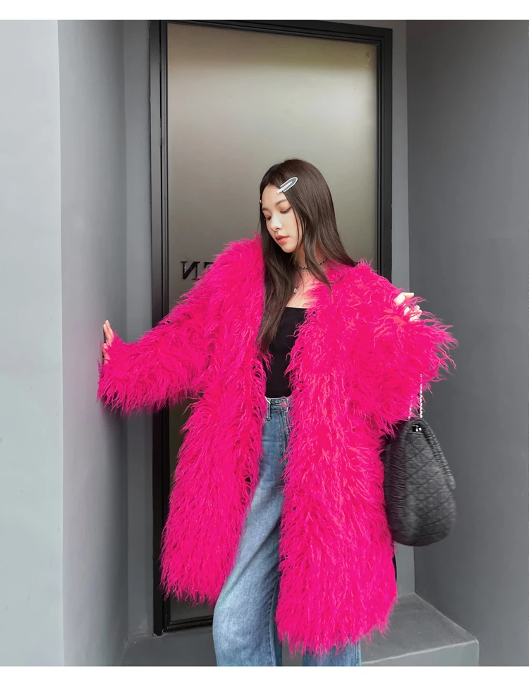 Lady Personalized Faux Fur Coat Female Rose Red Streetwear Long Jacket Women\'s Winter Coats Promotion