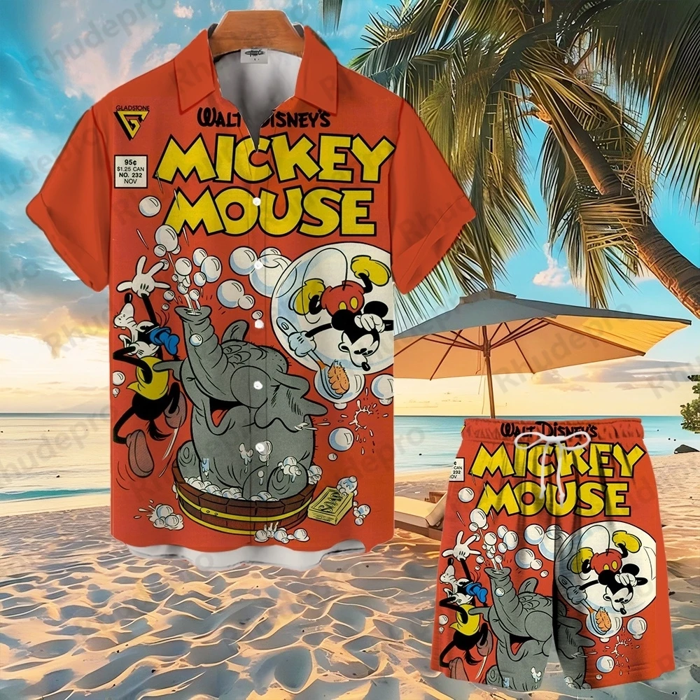 

Disney 2025 New 3d Printed Hawaiian Shirts Suit Men's And Women's Fashion Mickey Mouse Button Short Sleeve Short Suit Beach