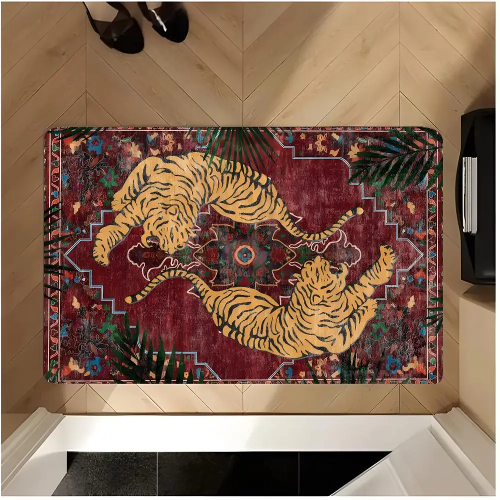 Image Powerful J-Jungle Tiger Floor Mat Non-Slip Washable Flannel Door Mat Absorbent Indoor Floor Rug
