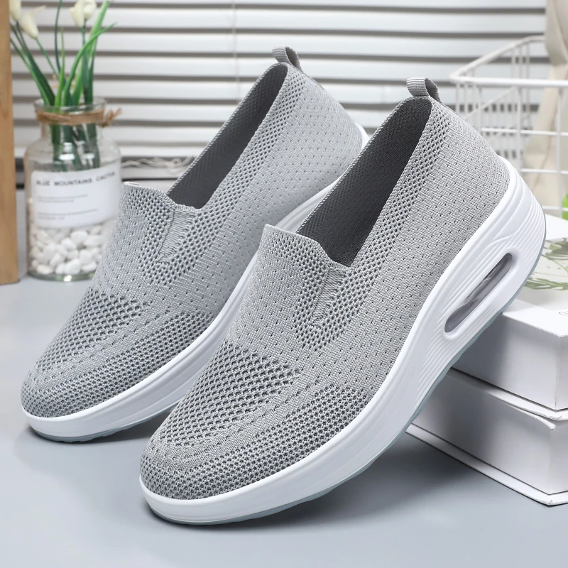 

Lightweight Air Cushion Women Knit Slip On Shoes Wedge Platform Non Slip Casual Walking Sneakers