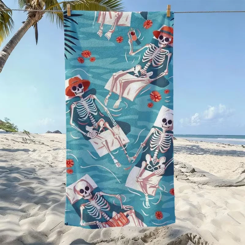 Dark Romantic Peony Flower Skull Beach Towel Watercolor Floral Skeleton Print Sand Repellent Soft Towel Boho Beach Towel