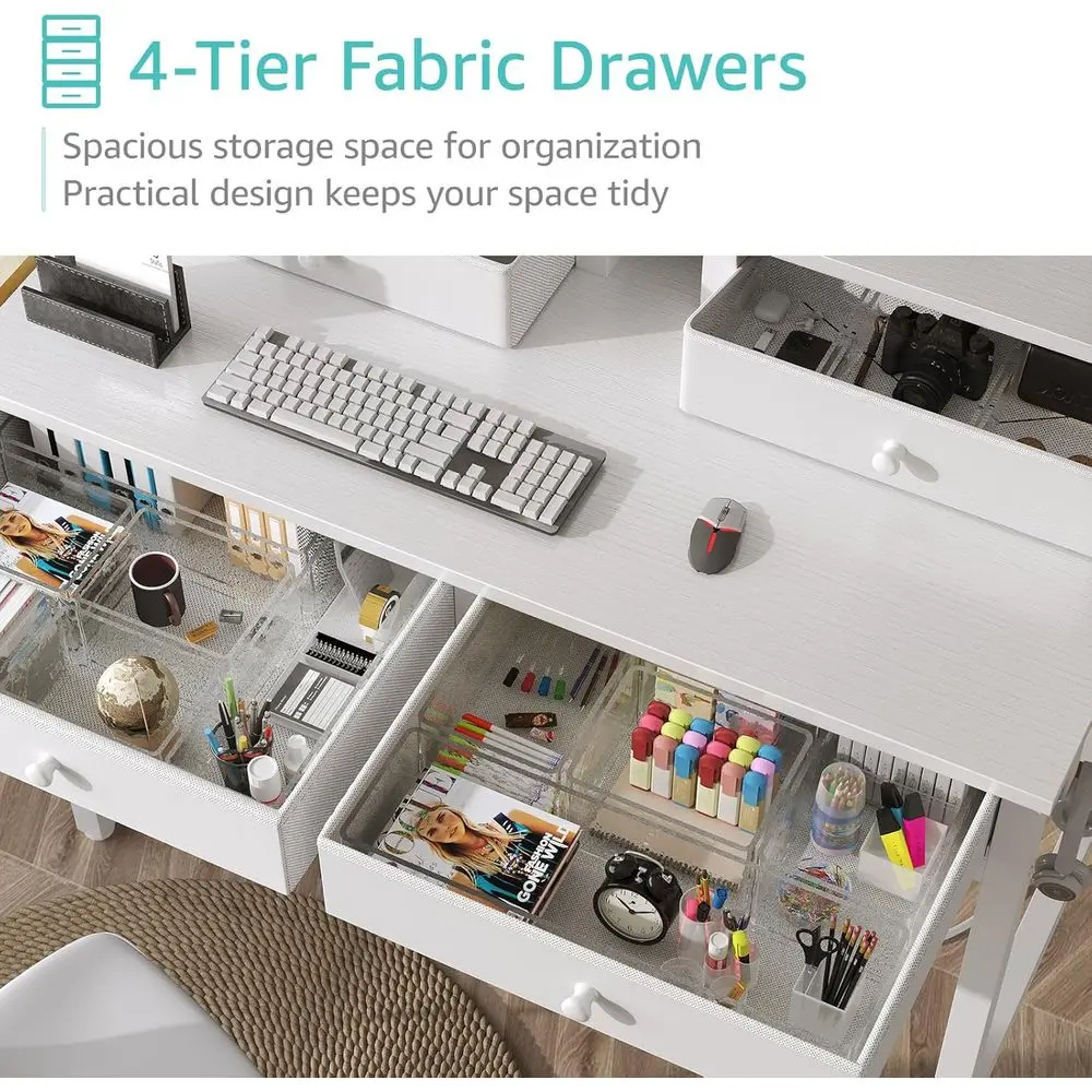 Small White Desk with Fabric Drawers for Bedroom, 32 inch Vanity Makeup Desk with Drawers Storage for Home Office, Writing Study
