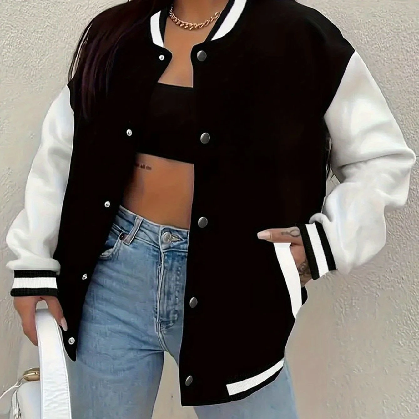 

Baseball Jacket, Fashionable Women's Two Tone Black and White Jacket, Casual Jacket for Spring, Autumn and Winter