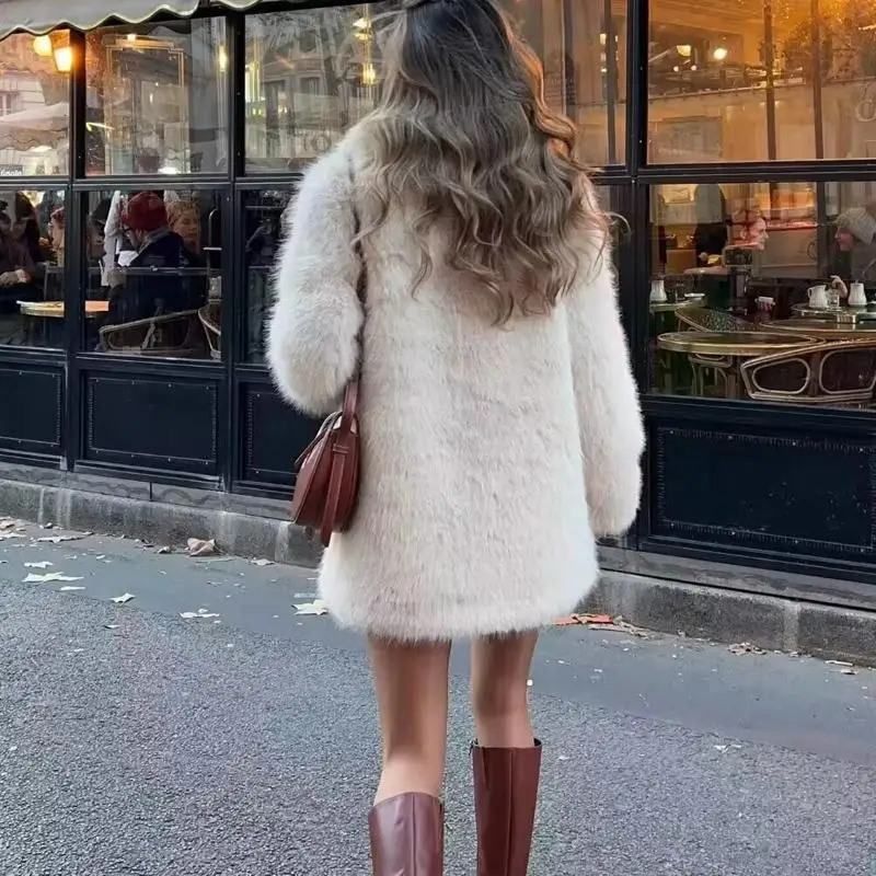 Automne hiver nouveauté femmes longue Sve col rabattu effet fausse fourrure manteau Jaet rue Sle coupe ample longueur moyenne