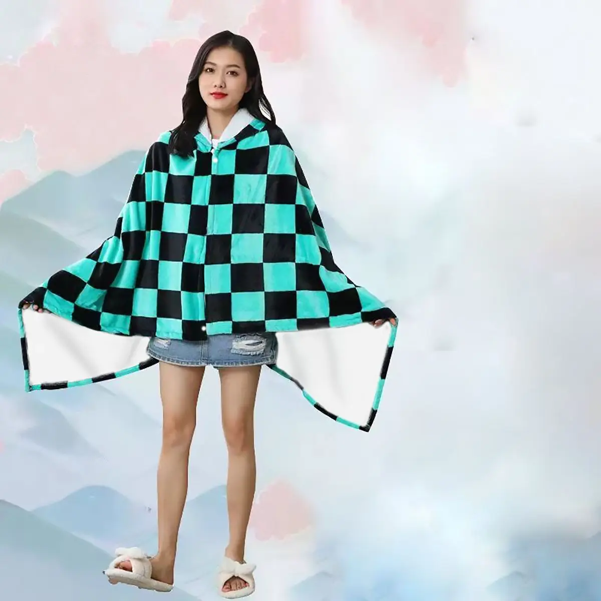 

Anime Flannel Blanket Hoodie Shawl Demon Slayer Kimetsu No Yaiba Blanket Cloak Cosplay Costume Kamado Nezuko Agatsuma Zenitsu