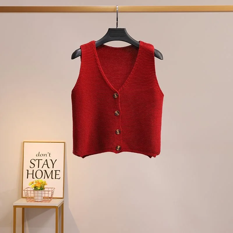 V-neck Button Knit Vest Women Spring Autumn Sleeveless Sweater Cardigan Korean Style Cute Wine-Red Black White Cropped Cover Top