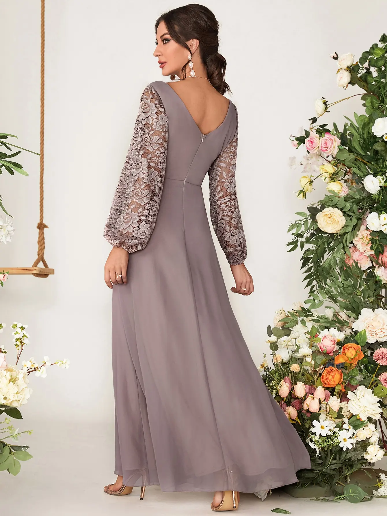 Mgiacy V-neck lace patchwork cross lantern sleeve Romantic chiffon evening ball dress Party dress