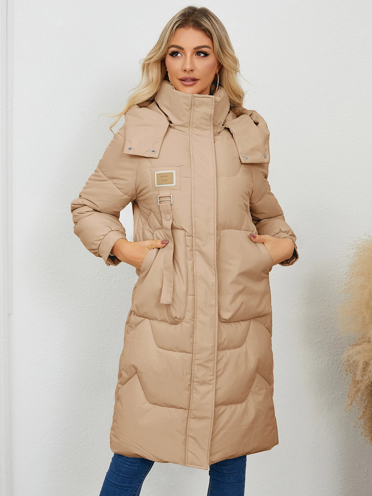 Autumn Winter Women’s Padded Jacket Stand Collar Wide-Waisted Hooded Long Coat For Elegant Lady