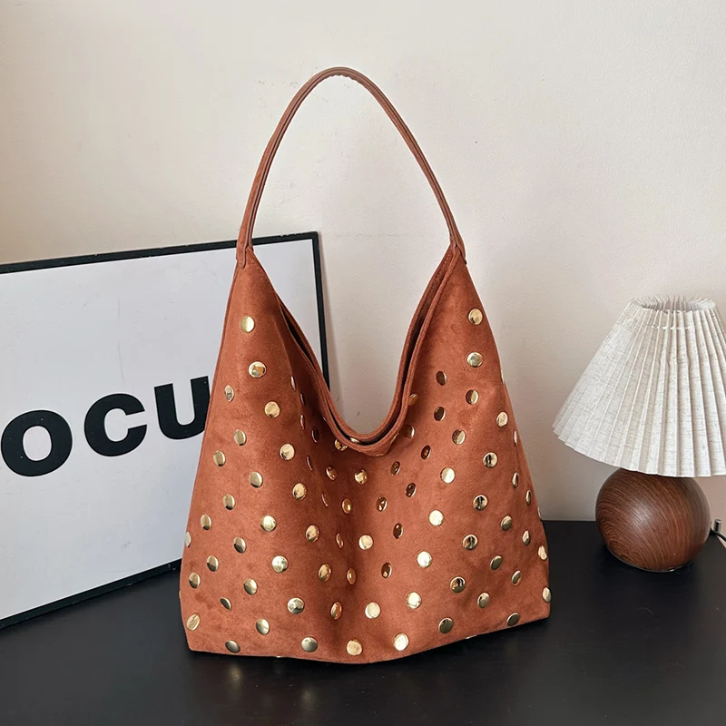 

Solid Suede Leather Handbag Women Commute Bag Designer Tote Luxury Brand Rivet Shoulder Bag Women Top Handle Bag Big Sac A Main