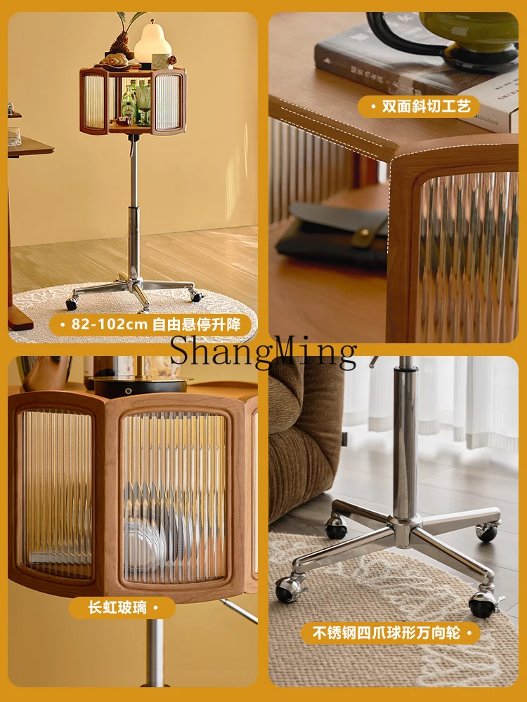 CL  solid wood movable sofa side with wheels can be lifted glass storage display cabinet bedside table