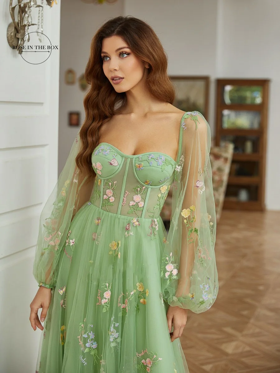 Corset Embroidered Prom Dresses Puff Sleeve Tea-Length Green Evening Party Dress Sweetheart Neck Tulle Midi Formal Gowns 2024