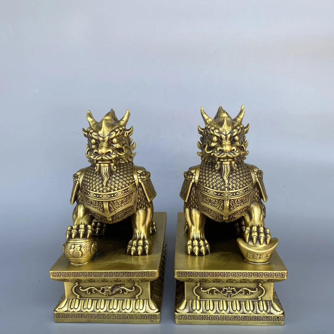 

14"Tibetan Temple Collection Old Brass Kirin Statue Base Kirin Door God Watchman Amass wealth Ornaments Town house Exorcism