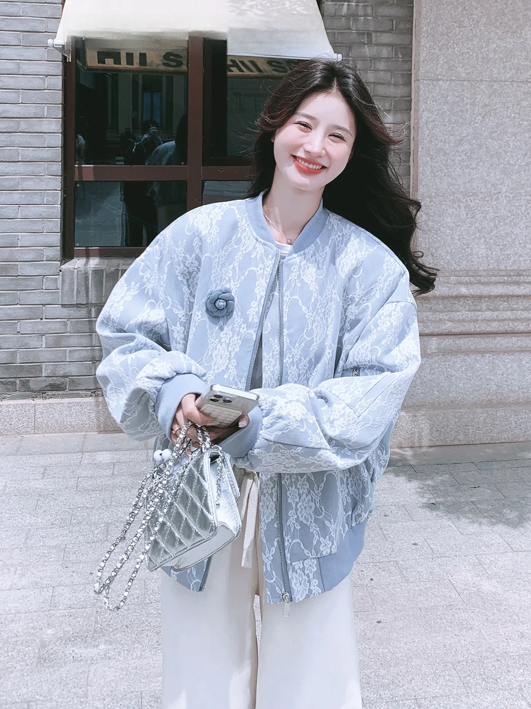 Blue Lace Splice Baseball Jaet Women's Casual Sle ort Coat Autumn New Arrival Small Size High-End Feeling Ladies Top
