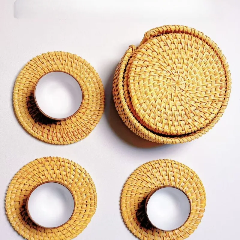 3pcs Tight Weave Rattan Cup Coaster Breathable Heat Insulation Pad Round Table Mat For Hotel Home Tea Pot