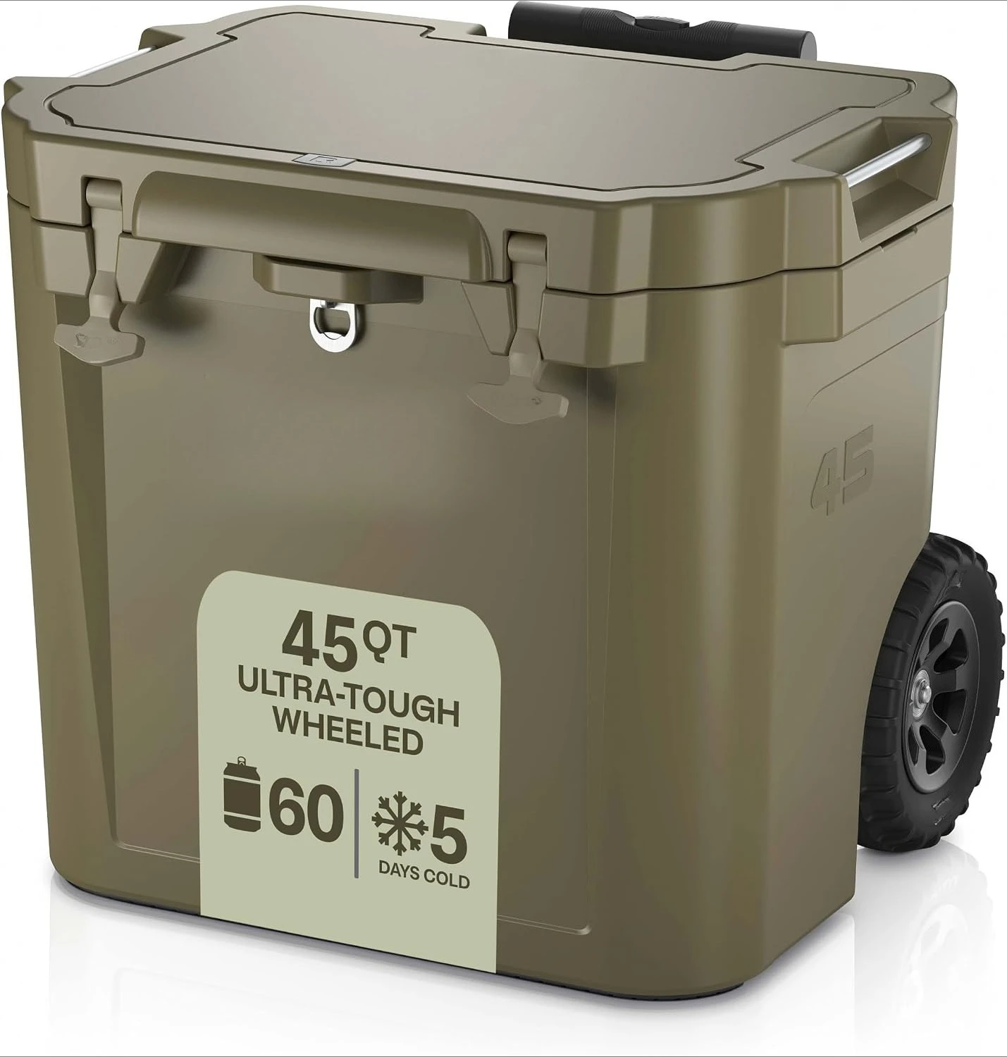 45 Quart Wheeled Ultra‑Tough Rotomolded Hard Ice Chest Cooler, Portable Insulated Beverage Cooler with Wheels for Camping, Fishing, Beach, Tailgating and Outdoor Adventures