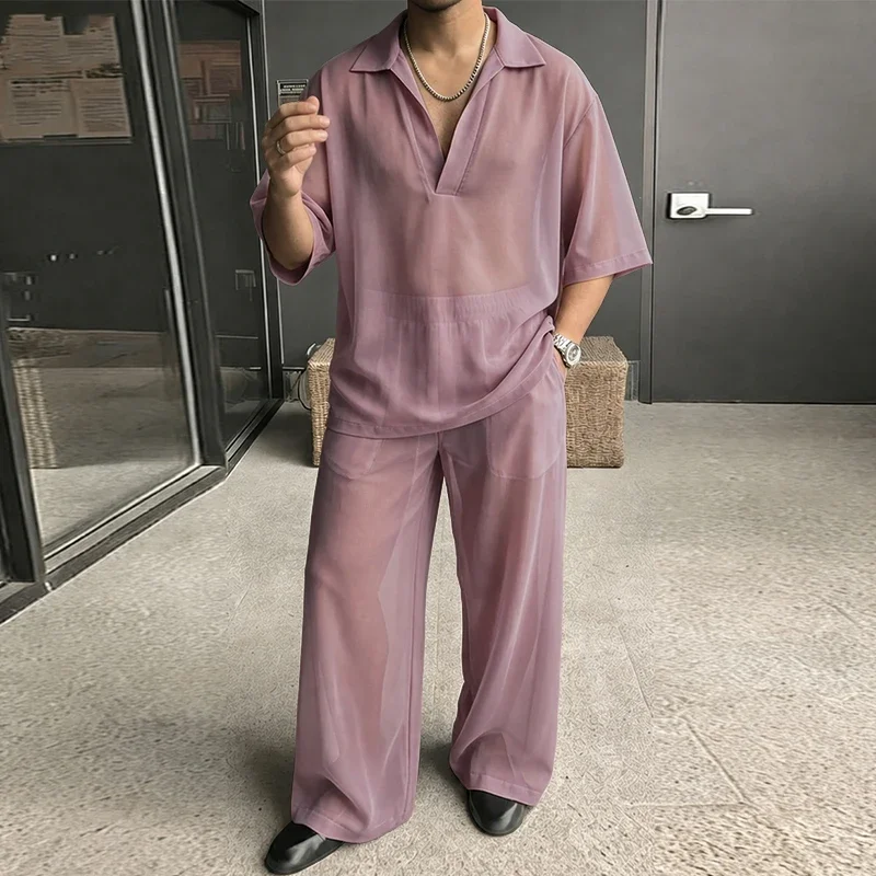 INCERUN Herren-Sets Einfarbig Locker Sitzend Durchsichtiges Netz Halbarm-Shirt und Hose Zweiteiliges Set Streetwear Mode Herren Passende Sets