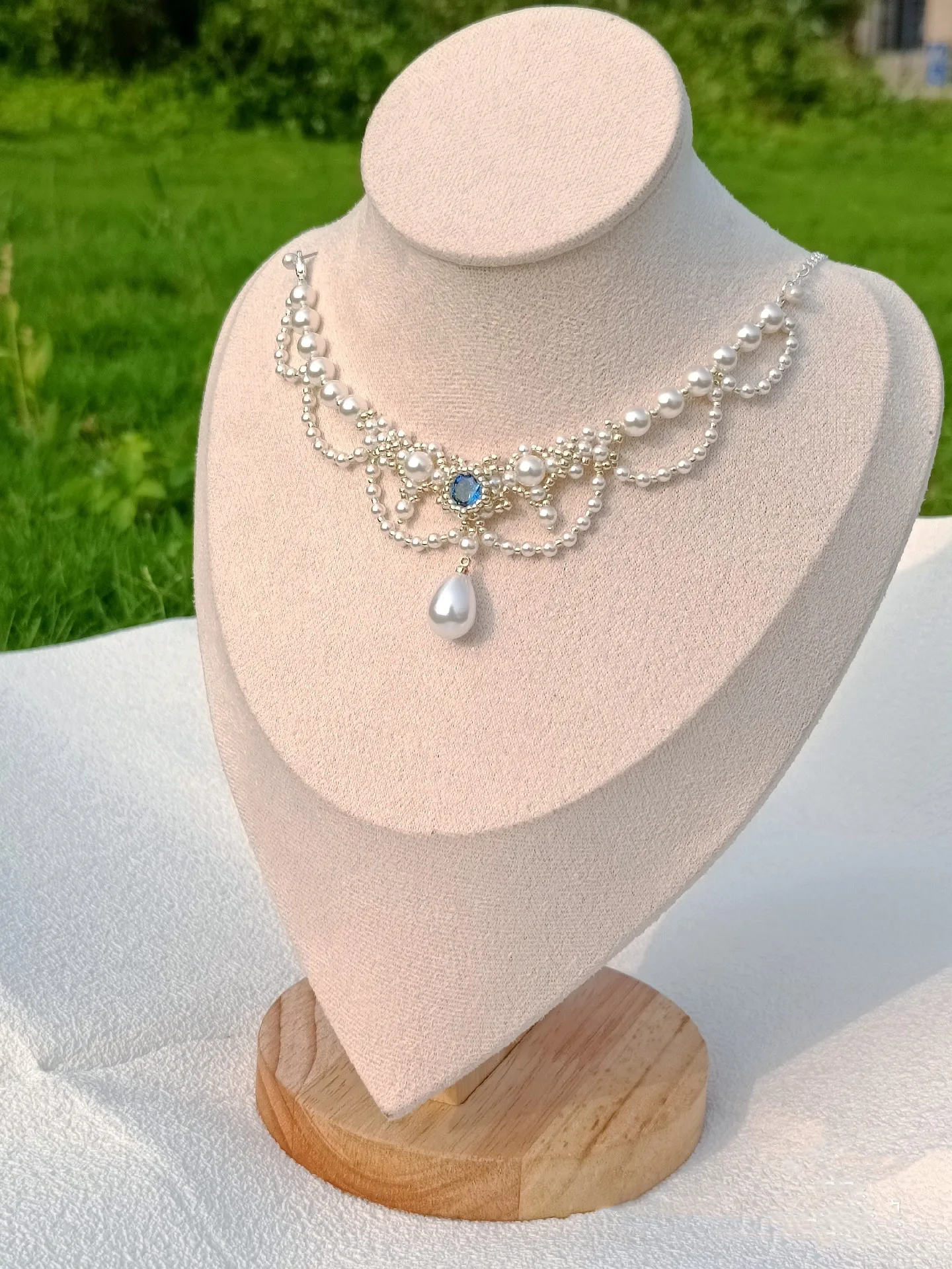 Women's blue zircon pearl necklace, custom crystal jewelry free shipping