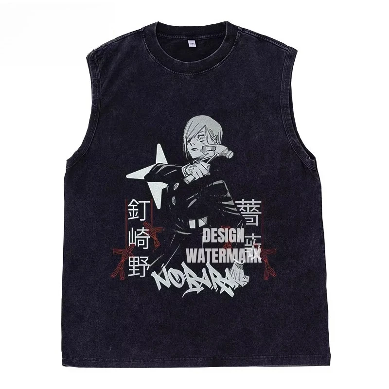 

man Retro 100%Cotton Washed Vest GYM Tank Top Japanese anime Jujutsu Kaisen Men Y2k Top exercise Sleeveless streetwear Singlets