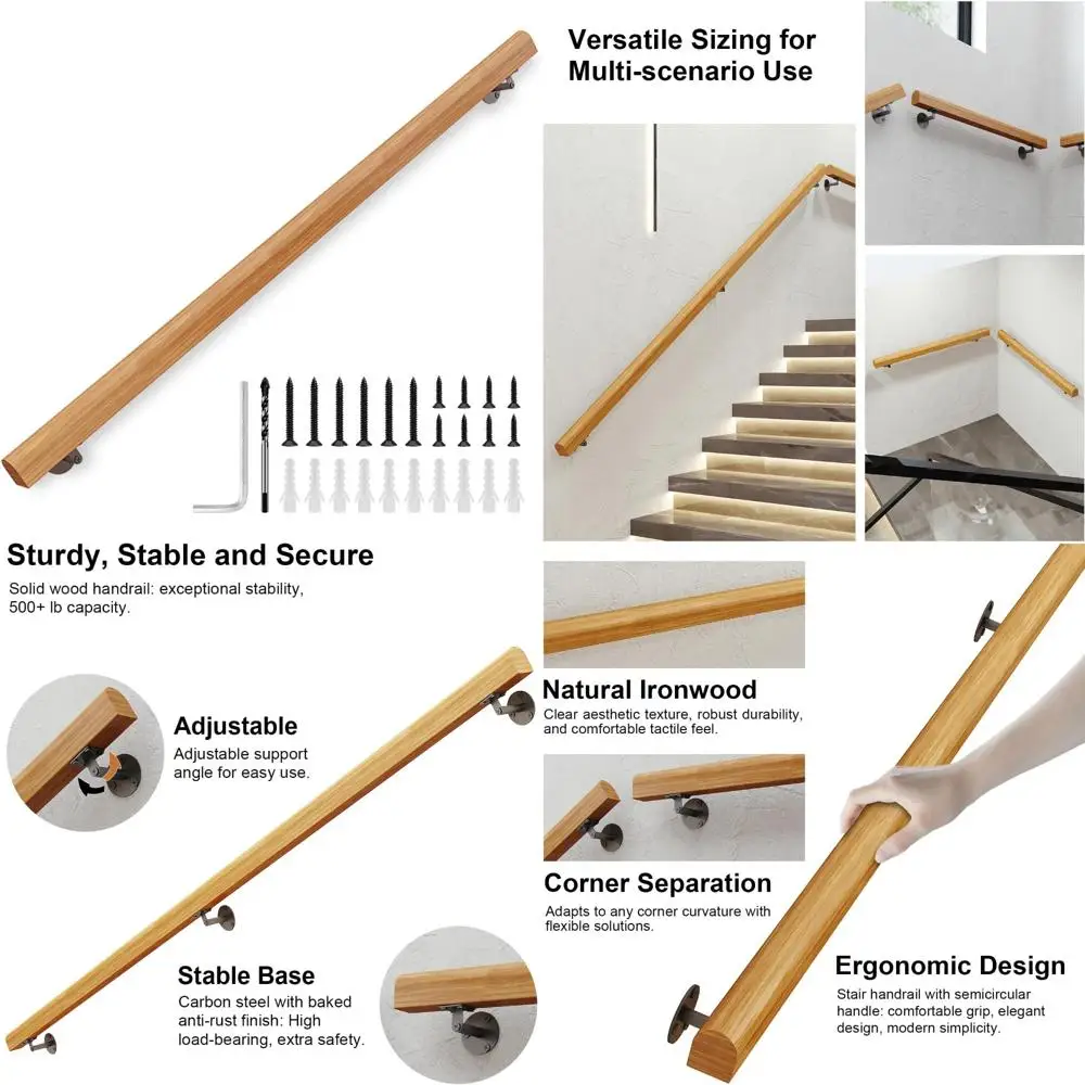 درابزين درج من الخشب الصلب بطول 4 أقدام، داخلي وخارجي، مثبت على الحائط، غير قابل للانزلاق، تصميم آمن لكبار السن والعائلات #1