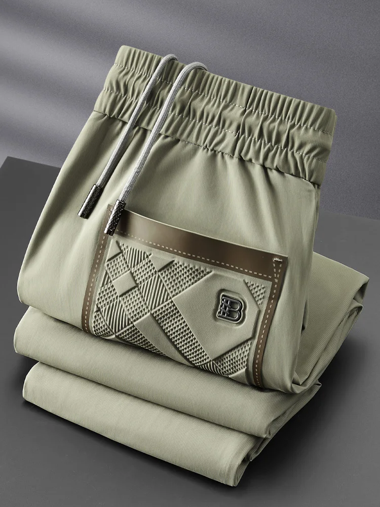 

Летние тонкие брюки из ледяного шелка, гладкие, эластичные, прямого кроя, мужские, облегающие, высококачественные, спортивные, повседневные, длинные брюки