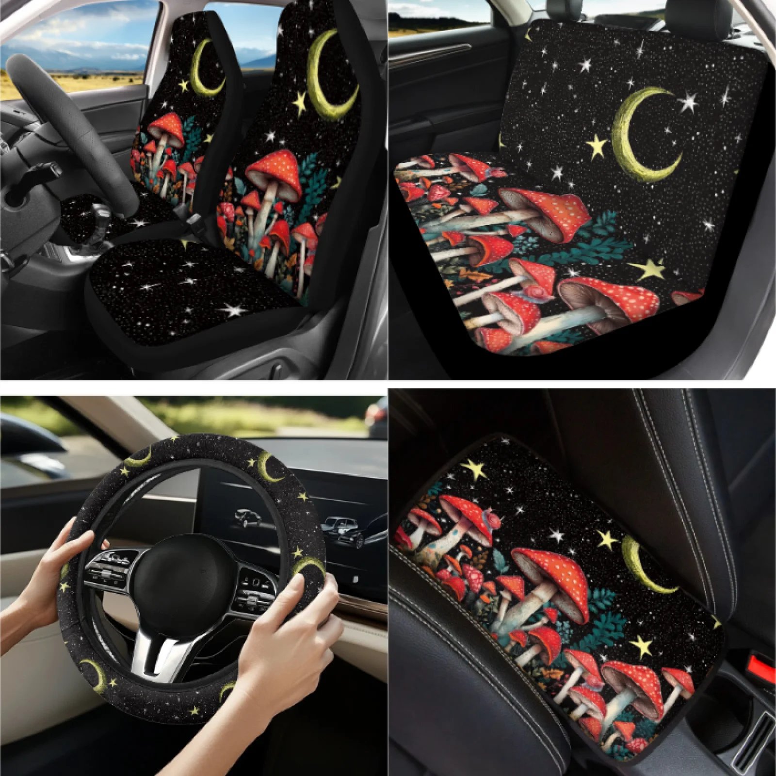Coloranimal Mushrooms Print 13 PCS Car Accessories with Removable Armrest Pad and Coasters for Auto Interior