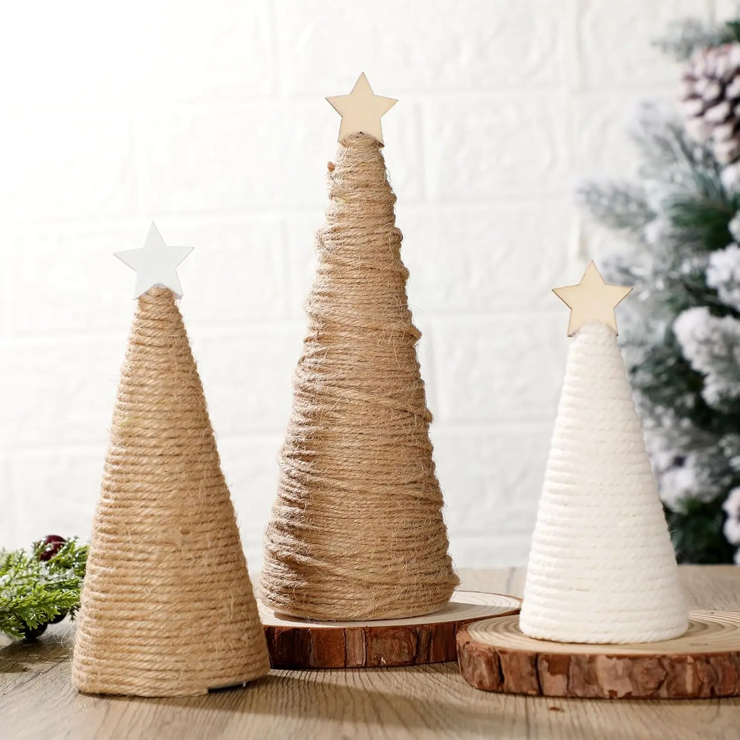 

3 Pcs Rustic Christmas Cone Trees Mini Farmhouse Yarn Cone Tabletop Decor with Stars, Neutral Holiday Centerpiece for Kitchen Ho