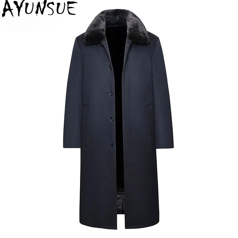 AYUNSUE High-end 100% Cashmere Coat Men Luxury Winter Warm Whole Mink Fur Liner Jacket Man Real Fur Coats Long Warm Fur Parkas