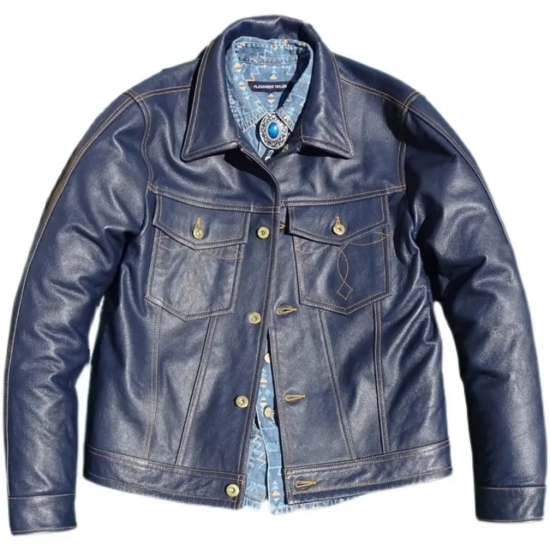 Dark Blue Top-Grain Cowhide Storm Rider Leather Short Jacket Contrast Stitch Denim Style Factory Direct Sales plus size 5XL