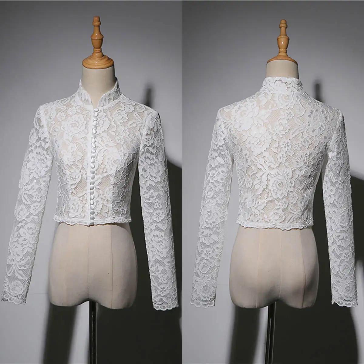 Long Sleeve Button Women Wrap Jacket Sheer Appliques High Neck  Lace Bridal Cloak Formal Wedding Accessories