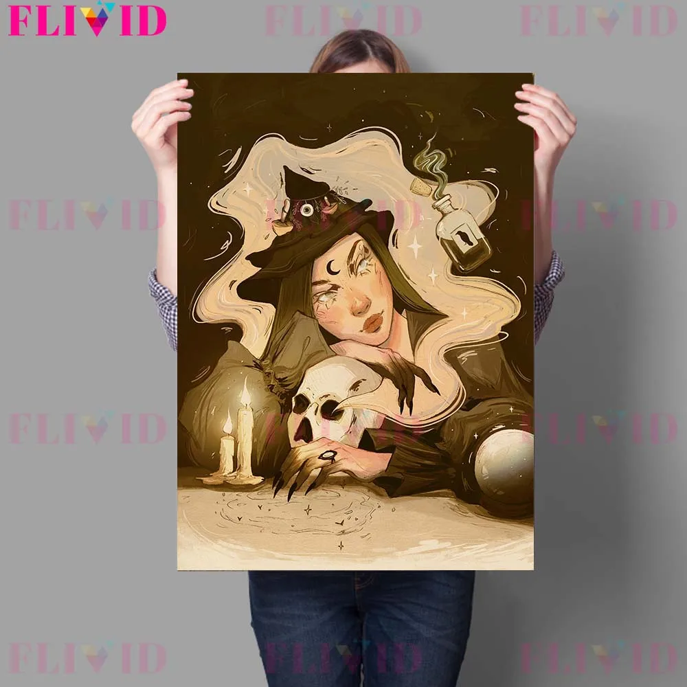Ghost Cat,Witch,Poisonous Mushroom,Moon Rabbit Vintage Wall Art Canvas Print Abstract Witchcraft Element Art Poster Print Decor