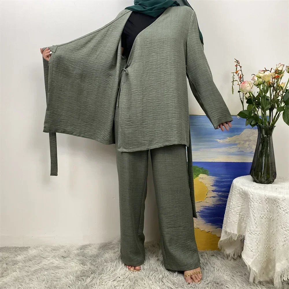 2-teiliges Set für Damen, muslimische Bluse, Schnürung, weites Bein, Hosenanzug, Eid Ramadan, Abaya, Marokko, Dubai, Islam, Ensemble, arabische bescheidene Outfits