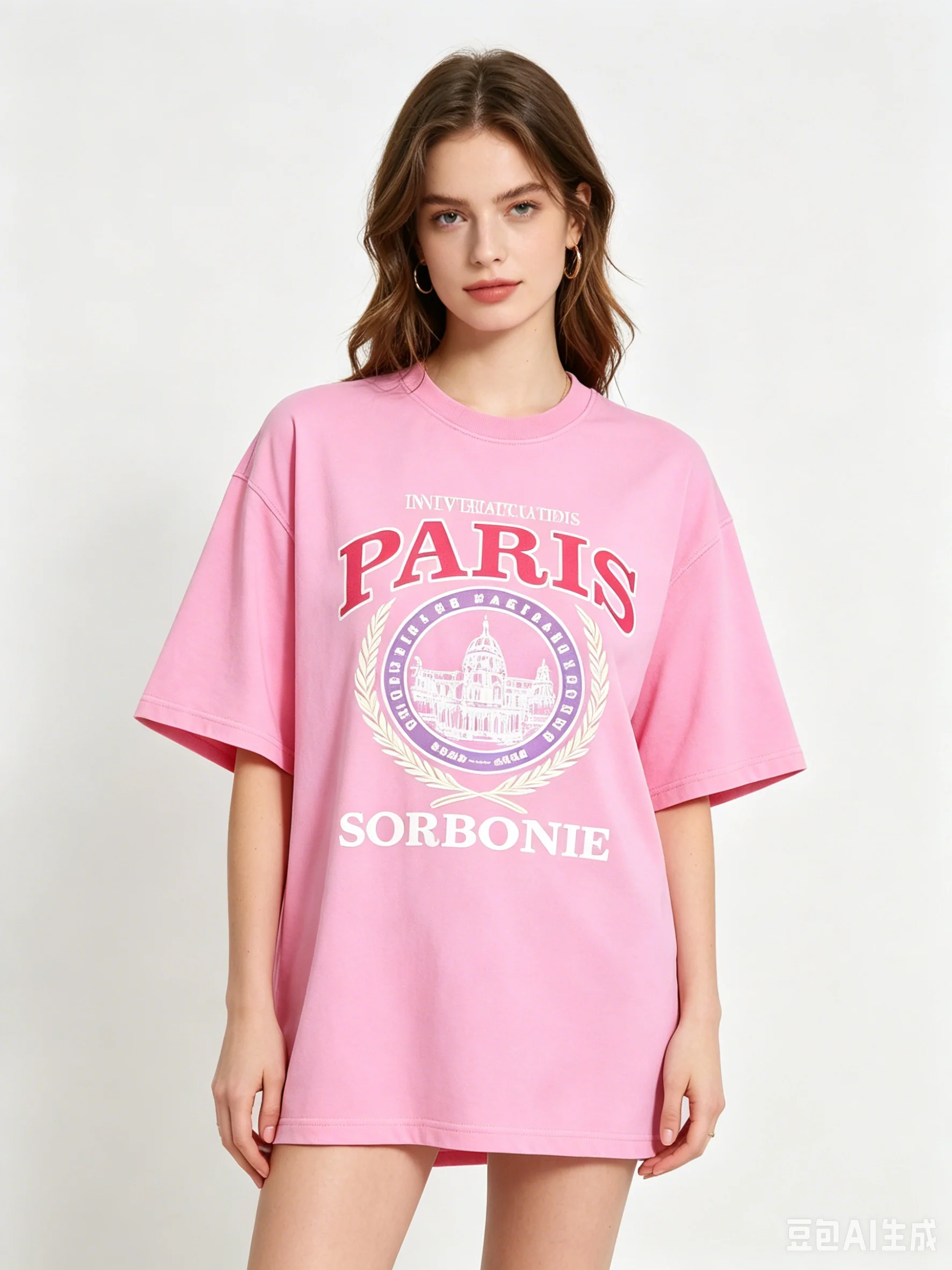 French Fashion Campus Preppy Women Pink Oversized Cotton T-Shirt Paris Sorbonne University Laurel Crest Vintage Varsity Graphic