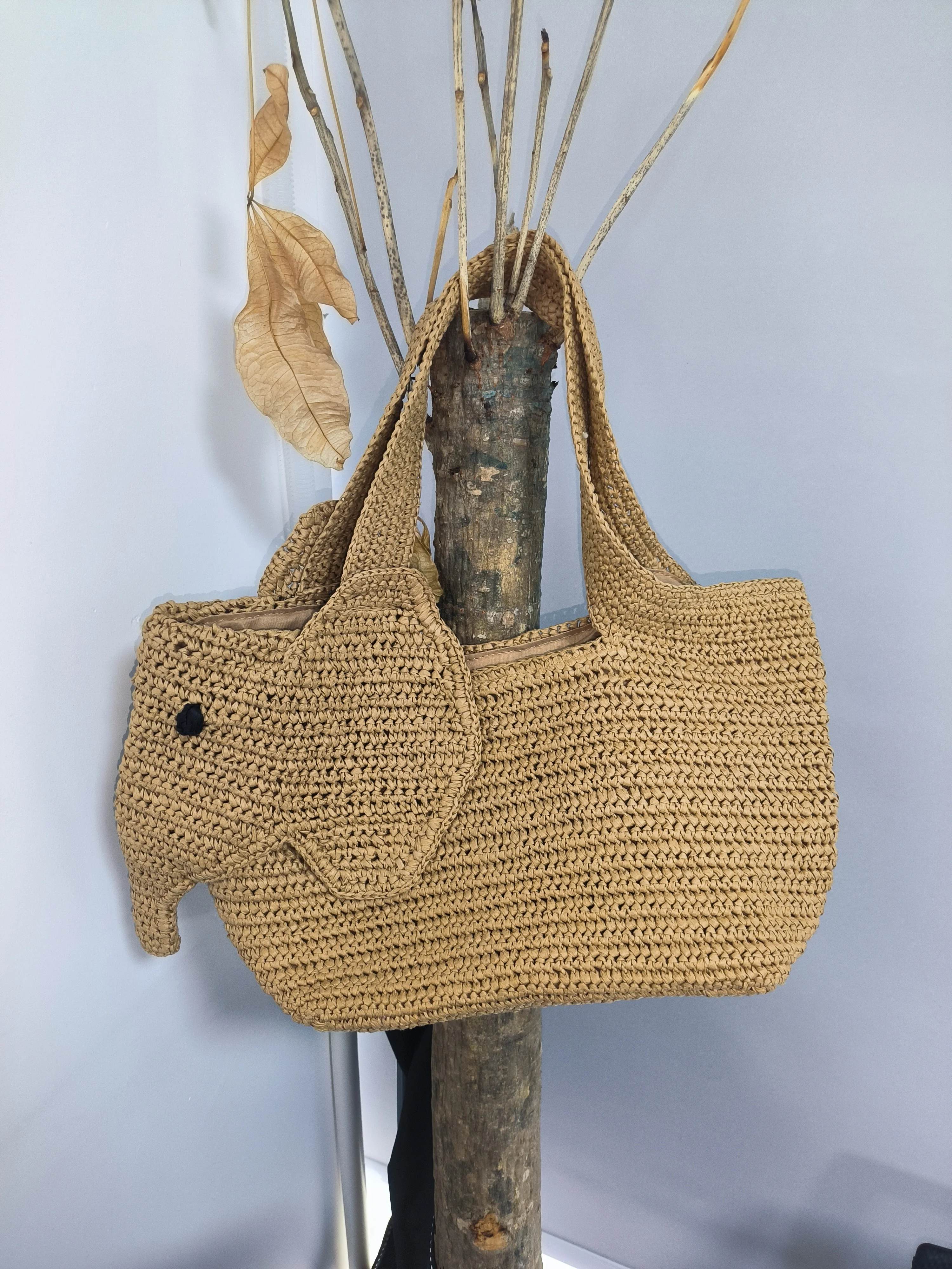 Elefantenförmige Raffia Handgewebte Strohtasche, Damen Schultertasche, Sommer Strand Urlaub Seaside Casual Tragetasche, Leichtgewichtig – Detail 2