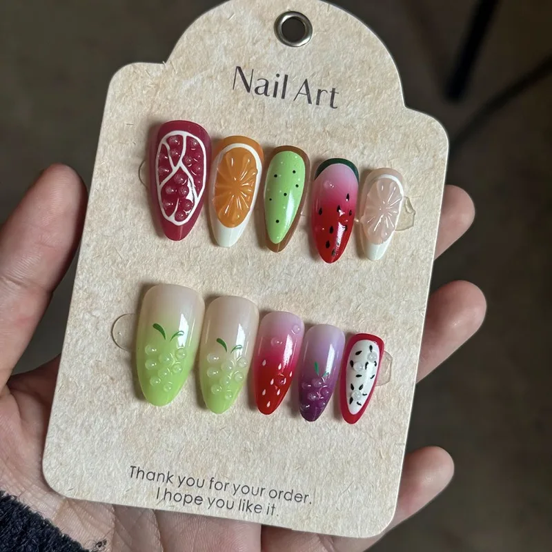 24PCS Colorful Fruit Summer Almond Nails Fresh 3D Lemon Grapes Press on Nails with Glue Red Gradient French Fake Nails Wearable