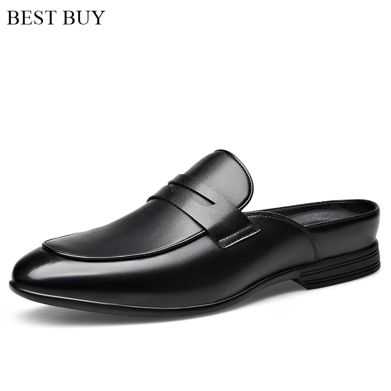 

Luxury Designer Mens Half Drag Shoes For Men Casual Leather Fashion Half Shoes Mules Man Slides Loafers Slippers Male Summer